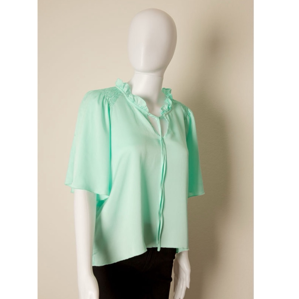Vintage BCBG Peasant Pirate Faux Silk Ruffle Neck Tie School Girl Secretary Top